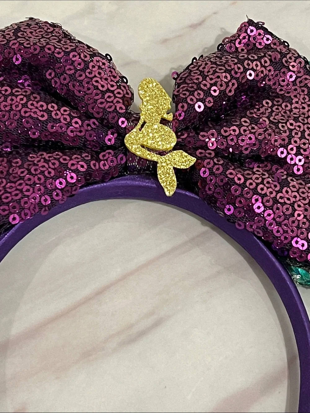 Kids Sequin Mermaid Ear Headband - Purple Bow & Green Scales